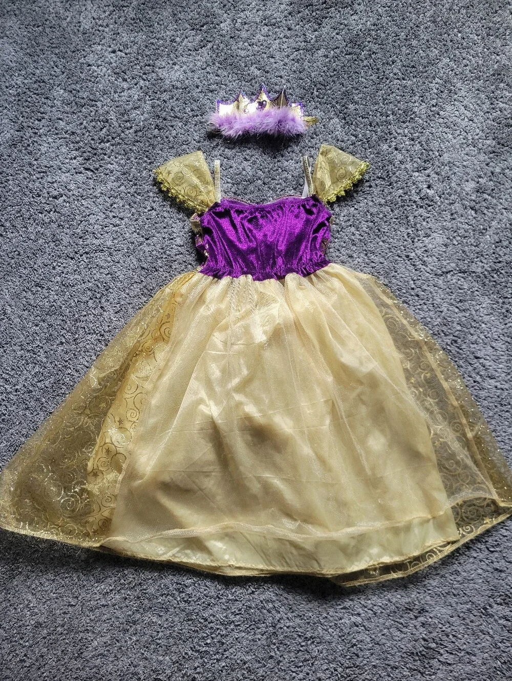 Gold & Purple Princess Costume Dress with Tiara Size 3+ Halloween